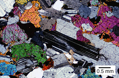 same norite as above, but in XPL; plagioclase is 1st order greys/whites with polysynthetic twins while the opx is 2nd-3rd order colors (TS is too thick): http://www.mpch-mainz.mpg.de/~jesnow/Ozeanboden/2001/Lecture3/iugs-gabbro-640.gif